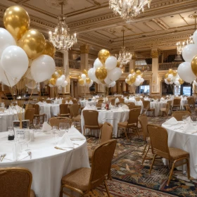 runde Tische eine einem Festsaal mit weißer Tischdecke, goldene Deko mit weißen und goldenen Luftballons
