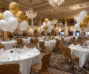runde Tische eine einem Festsaal mit weißer Tischdecke, goldene Deko mit weißen und goldenen Luftballons