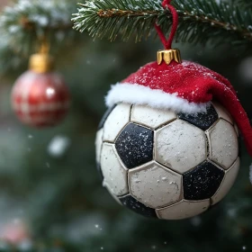 Weihnachtsbaumkugel als Fußball mit Weihnachtsmütze hängt an einer Tanne