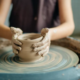 Frau formt eine Tasse aus Ton