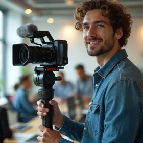 Mann mit Kamera filmt in einem Büro
