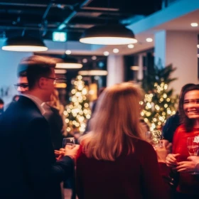 Menschen bei einer Weihnachtsfeier mit Businesskleidung und Sektgläsern in der Hand