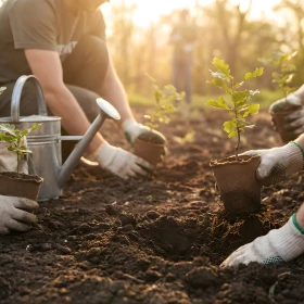 Baumpflanzaktion, kleine Setzlinge werden in die Erde gebracht
