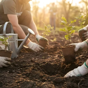 Baumpflanzaktion, kleine Setzlinge werden in die Erde gebracht
