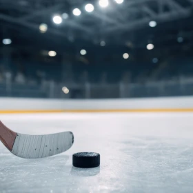 Eishockeyschläger und Puck auf dem Eis in einer Eishalle