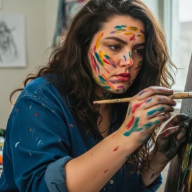 Frau malt an einer Leinwand und hat Farbe im Gesicht