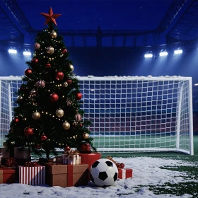 Weihnachtlich geschmückter Tannenbaum mit Geschenken und einem Fußball vor einem Fußball, Wiese mit Schnee bedeckt