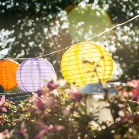 Lampion Kette zwischen zwei Bäumen