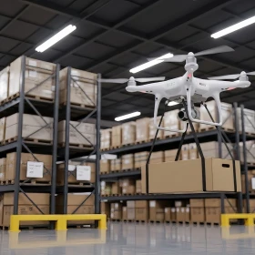 Drohne fliegt mit einem Paket durch eine Lagerhalle