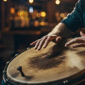 Person spielt irische Bodhrán-Trommel in einem Pub