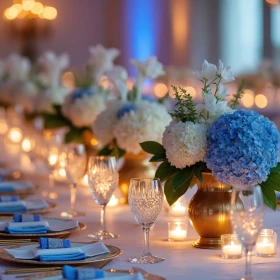 gedeckte Tafel mit weißen und blauen Akzenten
