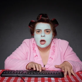 Comedyprogramm, Frau in rosanem Bademantel mit einer Tastatur