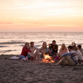 Gruppe sitzt am Strand bei einem Lagerfeuer