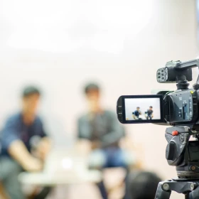 Kamera filmt zwei Personen bei einem Interview