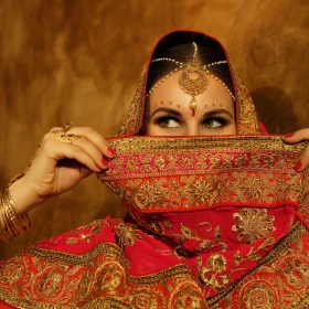 Frau verdeckt ihr Gesicht mit einem orientalischen Tuch