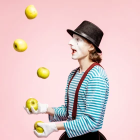 Mann im Clownskostüm jongliert mit 5 Bällen