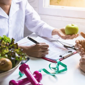 Arzt hält einen Apfel in der Hand und erklärt etwas