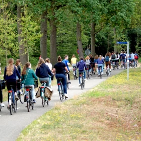 Große Gruppe Menschen macht gemeinsam eine Tour mit dem Fahrrad