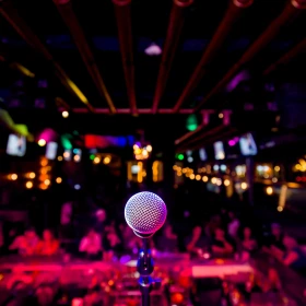 Blick von einer Bühne ins Publikum, Mikrofon auf der Bühne