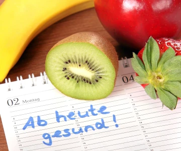 Kalender mit Aufschrift "Ab heute gesund!", Kiwi, Banane, Erdbeere, Apfel