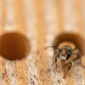 eine Biene krabbelt aus einem Loch in einem Holzstück