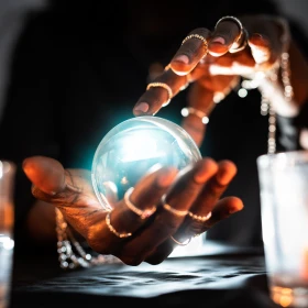 Frau hält eine leuchtende Kugel in der Hand