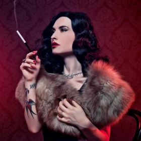 Frau im 20er Jahre Stil mit Katze auf dem Arm