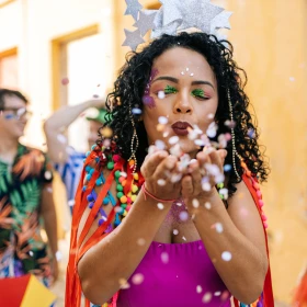 Frau bläst Konfetti aus den Händen