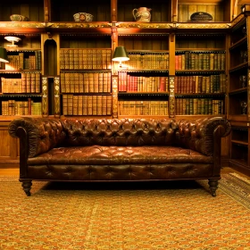 Retro Ledercouch in braun vor einem Bücherregal