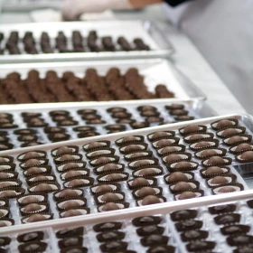 verschiedene Pralinen in einer Auslage