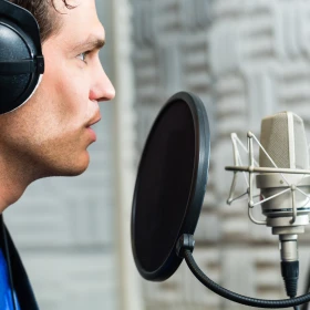 Ein Mann mit Kopfhörern spricht in ein Aufnahmegerät in einem Tonstudio