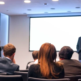 Tagung, Stuhlreihen, Präsentation auf Leinwand