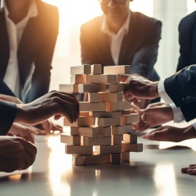 5 Personen im Anzug spielen Jenga an einem Tisch