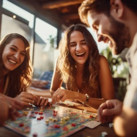 Freunde spielen ein Brettspiel und lachen gemeinsam