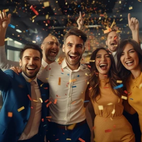 Gruppe von Menschen feiert mit Konfetti