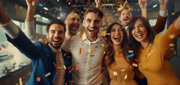 Gruppe von Menschen feiert mit Konfetti