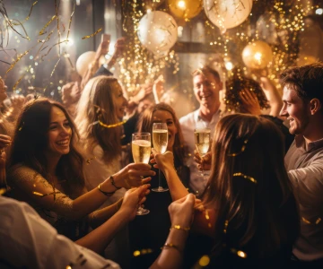 feiernde Menschen mit goldenen Luftballons und Konfetti, mit Sekt anstoßen, ausgelassene Stimmung, Freude