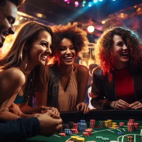 Drei Frauen an einem Casinotisch lachen