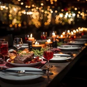 festlich gedeckte Tafel, Fleischbraten in der Mitte, volle Weingläser mit Rotwein