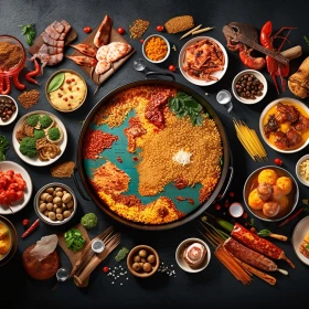 Weltkarte aus Gewürzen mit Speisen und Gewürzen rundherum