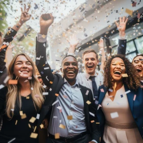 Menschen feiern in Businesskleidung und schmeißen Konfetti in die Luft