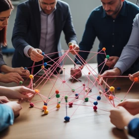 Teambuilding-Aktivität, Personen spielen gemeinsam ein Geschicklichkeitsspiel an einem Tisch