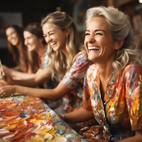 Vier Frauen bei einem Kunstworkshop, Kleidung mit Farbe angemalt