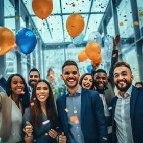 Mitarbeiter feiern, orangene und blaue Luftballons, Konfetti, gute Laune