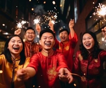 Asiaten feiern mit Wunderkerzen