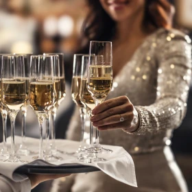 Frau nimmt ein Glas Sekt vom Tablett