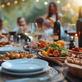 Sommerfest im Garten mit italienischen Speisen und Rotwein