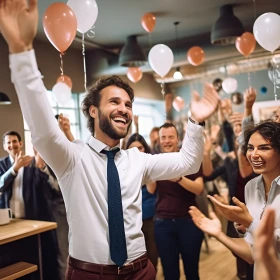 Mann in Businesskleidung läuft jubelnd durch ein Büro, Kollegen und Mitarbeiter stehen um ih herum und klatschen, rosane und weiße Ballons an der Decke
