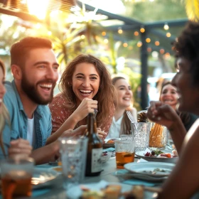 Personen lachen gemeinsam an einem Tisch