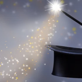 Person hält einen Hut und einen Zauberstab in der Hand